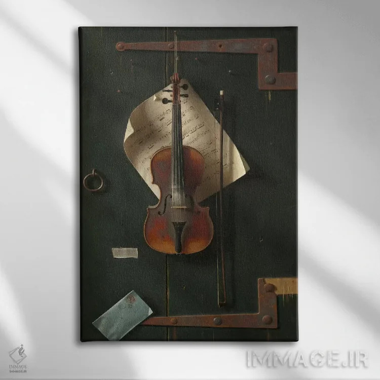 تابلو ویولن قدیمی اثر ویلیام مایکل هارنت (نقاش طبیعت بیجان آمریکایی) - نمای روبهرو روی دیوار