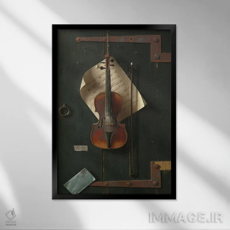 تابلو ویولن قدیمی اثر ویلیام مایکل هارنت (نقاش طبیعت بیجان آمریکایی) - نمای قابدار مشکی