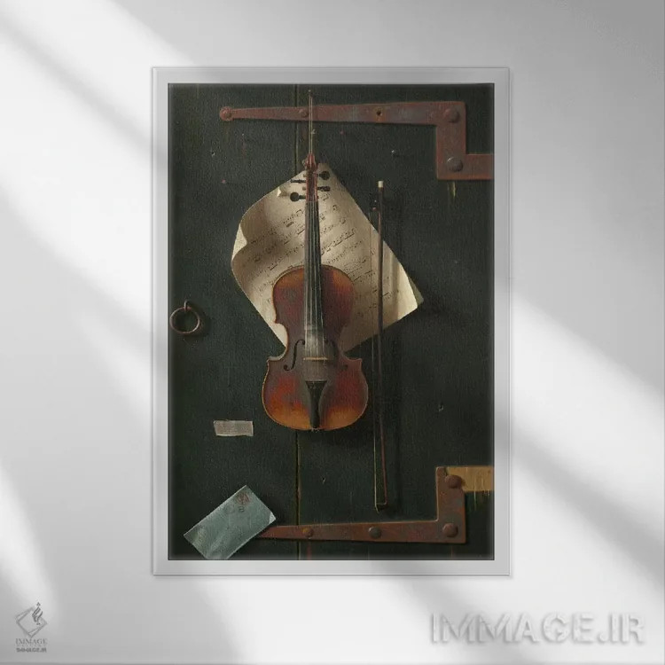 تابلو ویولن قدیمی اثر ویلیام مایکل هارنت (نقاش طبیعت بیجان آمریکایی) - نمای قابدار سفید