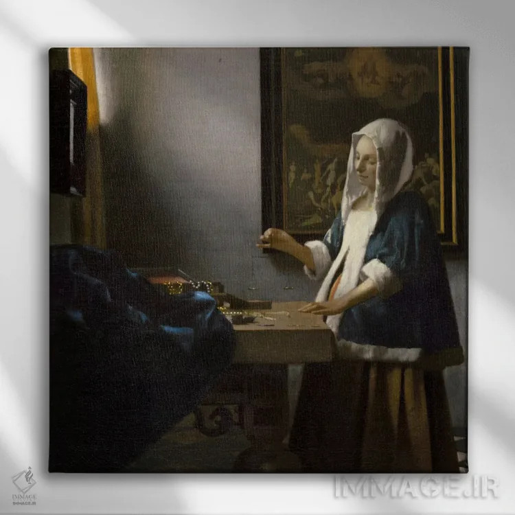 تابلو زن با ترازو اثر یوهانس ورمیر (نقاش هلندی) - نمای روبهرو روی دیوار