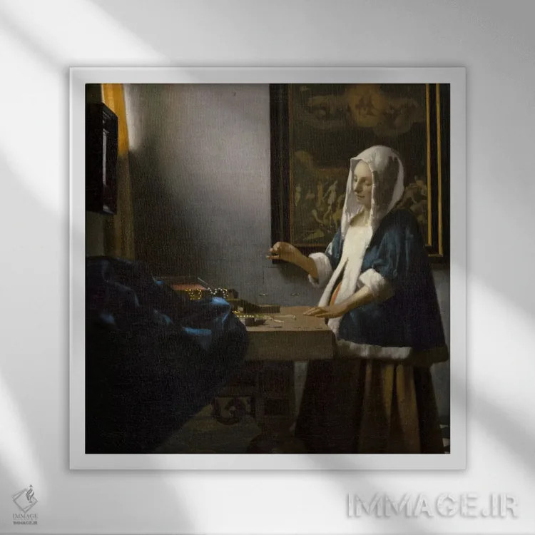 تابلو زن با ترازو اثر یوهانس ورمیر (نقاش هلندی) - نمای قابدار سفید