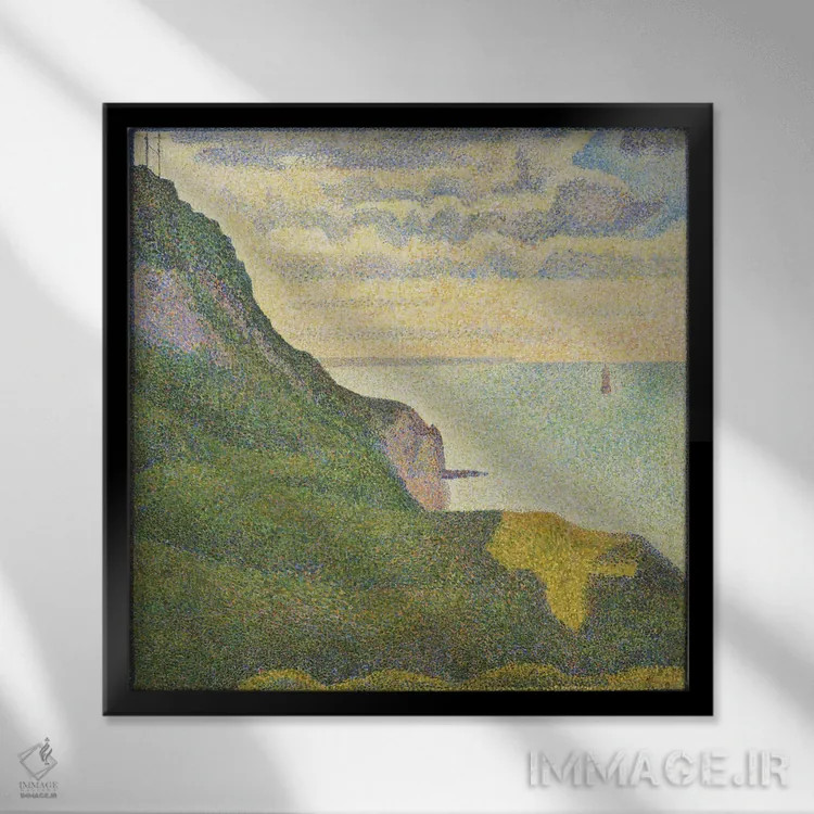 تابلو منظرهٔ دریایی در پورت-آن-بسن (نرماندی) اثر ژرژ سورا (نقاش نئوامپرسیونیست فرانسوی) - نمای قابدار مشکی