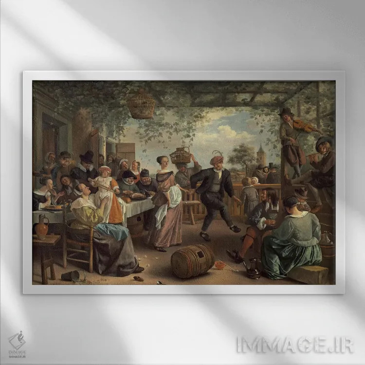 تابلو زوج رقصنده اثر یان استین (نقاش هلندی) - نمای قابدار سفید