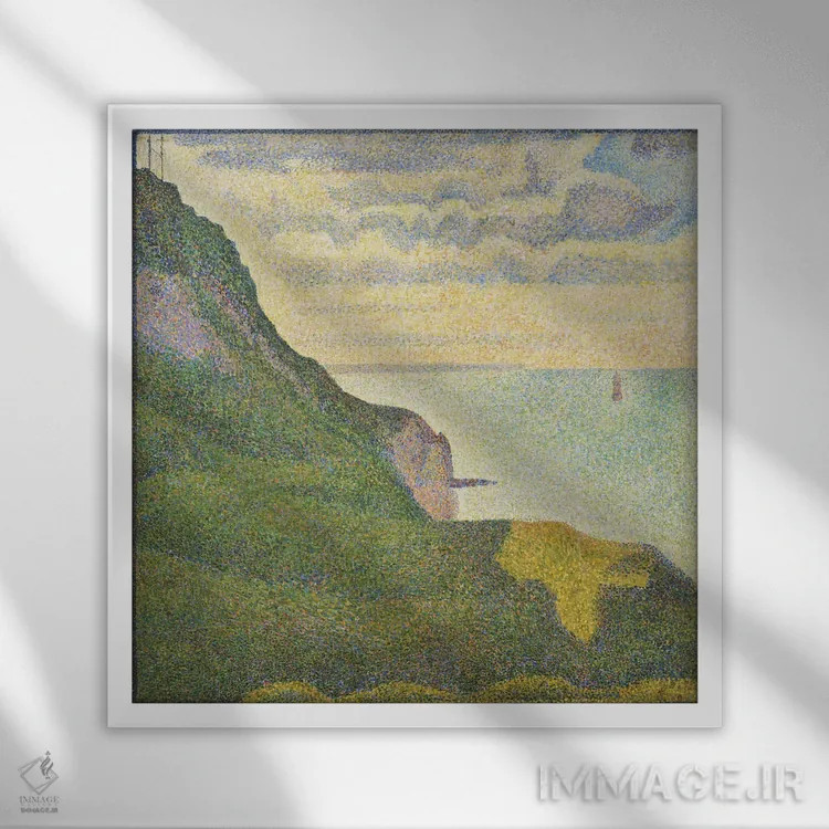 تابلو منظرهٔ دریایی در پورت-آن-بسن (نرماندی) اثر ژرژ سورا (نقاش نئوامپرسیونیست فرانسوی) - نمای قابدار سفید