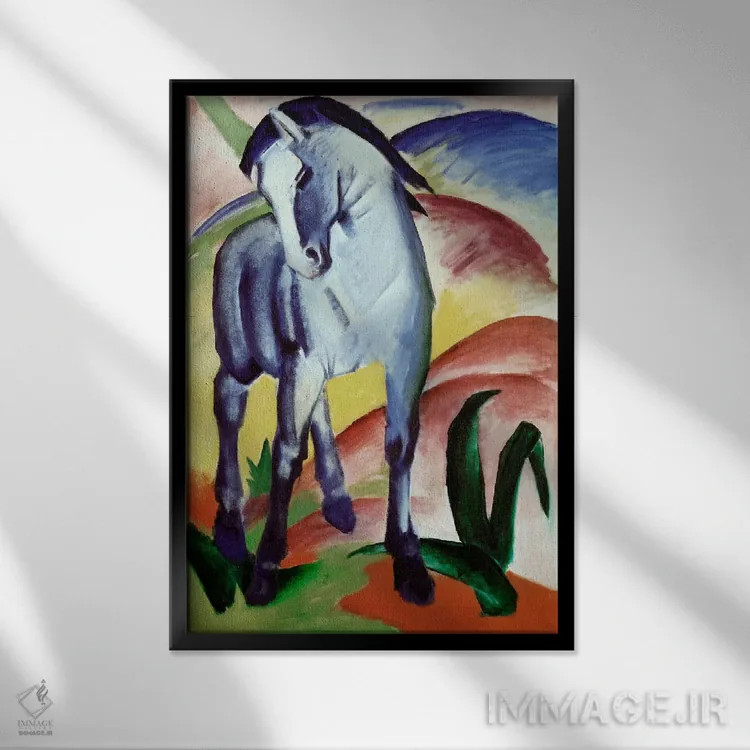 تابلو اسب آبی اثر فرانتس مارک (نقاش اکسپرسیونیست آلمانی) - نمای قابدار مشکی