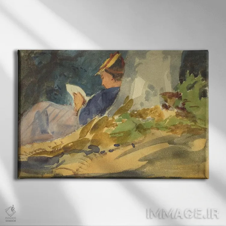 تابلو زن در حال کتاب خواندن در طبیعت اثر هنرمند ناشناس - نمای روبهرو روی دیوار