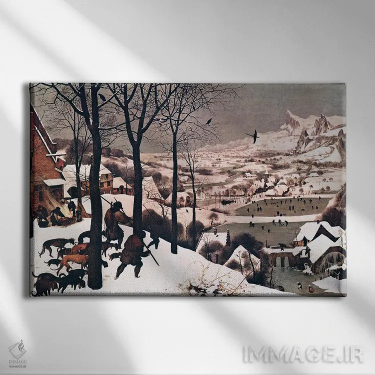 تابلو شکارچیان در برف اثر پییتر بروگل پدر (نقاش هلندی) - نمای روبهرو روی دیوار