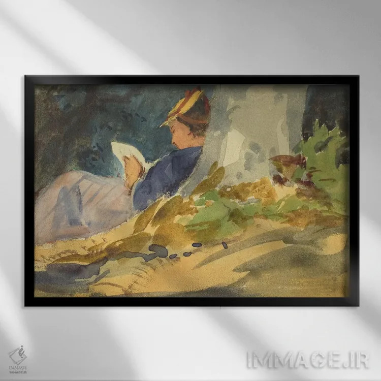 تابلو زن در حال کتاب خواندن در طبیعت اثر هنرمند ناشناس - نمای قابدار مشکی