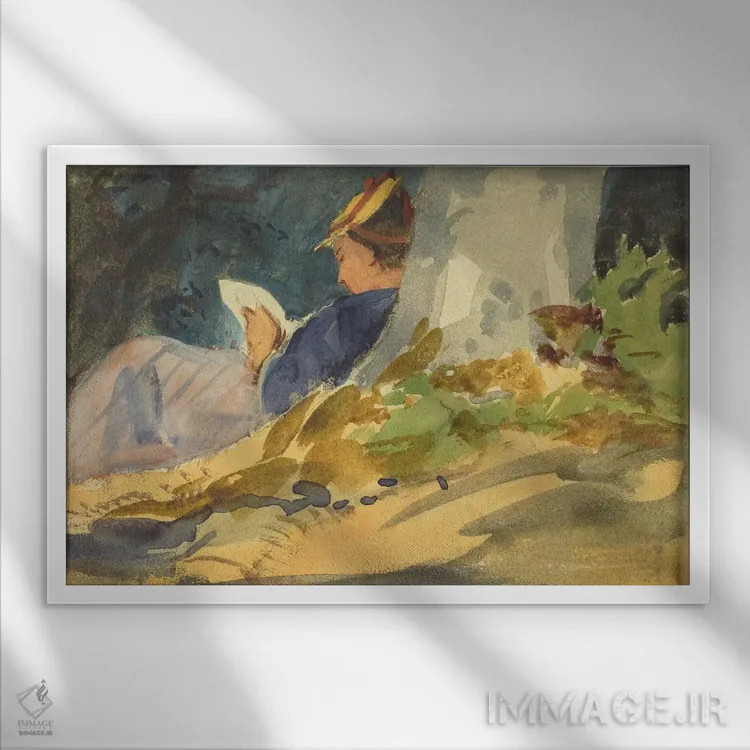 تابلو زن در حال کتاب خواندن در طبیعت اثر هنرمند ناشناس - نمای قابدار سفید