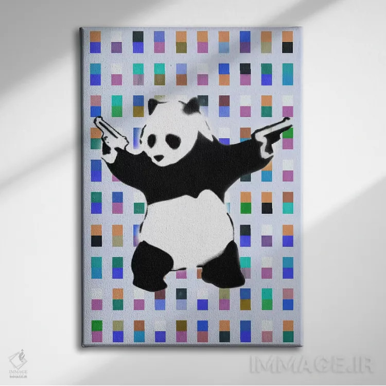 تابلو پاندای مسلح نقطهای رنگی اثر هنرمند ناشناس - نمای روبهرو روی دیوار