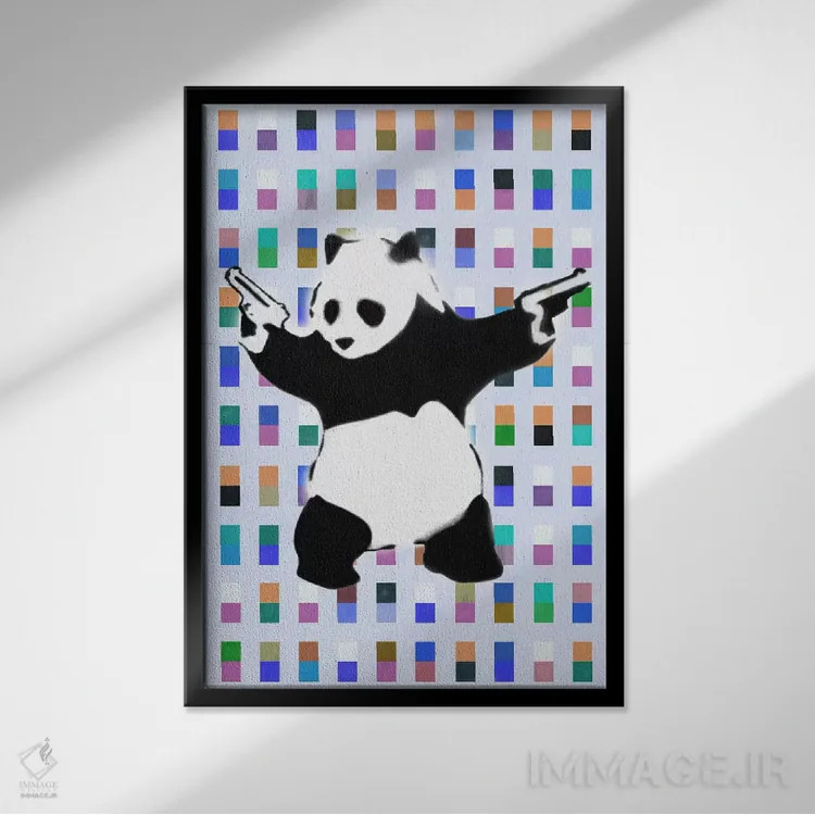 تابلو پاندای مسلح نقطهای رنگی اثر هنرمند ناشناس - نمای قابدار مشکی
