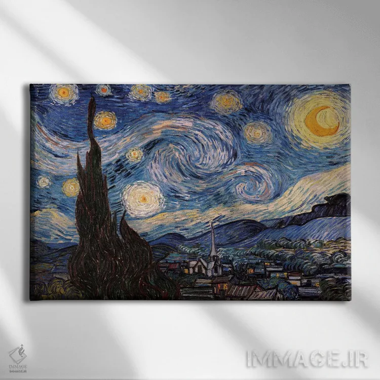 تابلو شب پرستاره اثر ونسان ون گوگ (نقاش مشهور هلندی پستامپرسیونیسم) - نمای روبهرو روی دیوار
