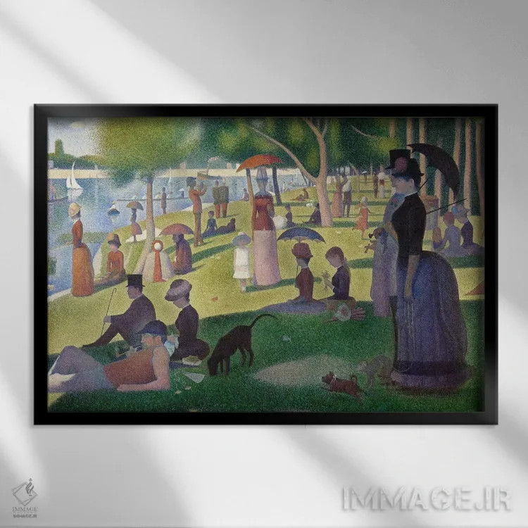 تابلو بعدازظهر یکشنبه در جزیرهٔ لاگرانژات اثر ژرژ سورا (نقاش نئوامپرسیونیست فرانسوی) - نمای قابدار مشکی