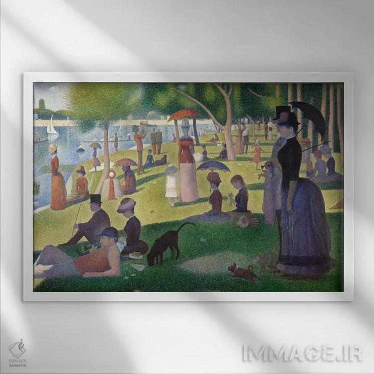 تابلو بعدازظهر یکشنبه در جزیرهٔ لاگرانژات اثر ژرژ سورا (نقاش نئوامپرسیونیست فرانسوی) - نمای قابدار سفید
