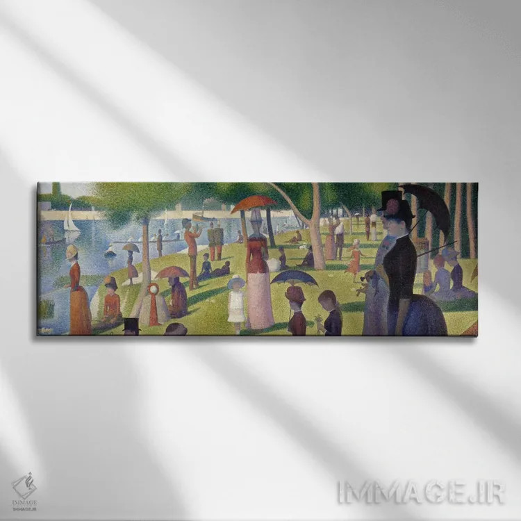 تابلو بعدازظهر یکشنبه در جزیرهٔ لاگرانژات (پانوراما) اثر ژرژ سورا (نقاش نئوامپرسیونیست فرانسوی) - نمای روبهرو روی دیوار