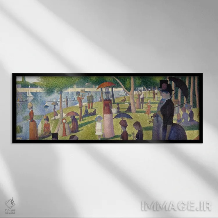 تابلو بعدازظهر یکشنبه در جزیرهٔ لاگرانژات (پانوراما) اثر ژرژ سورا (نقاش نئوامپرسیونیست فرانسوی) - نمای قابدار مشکی