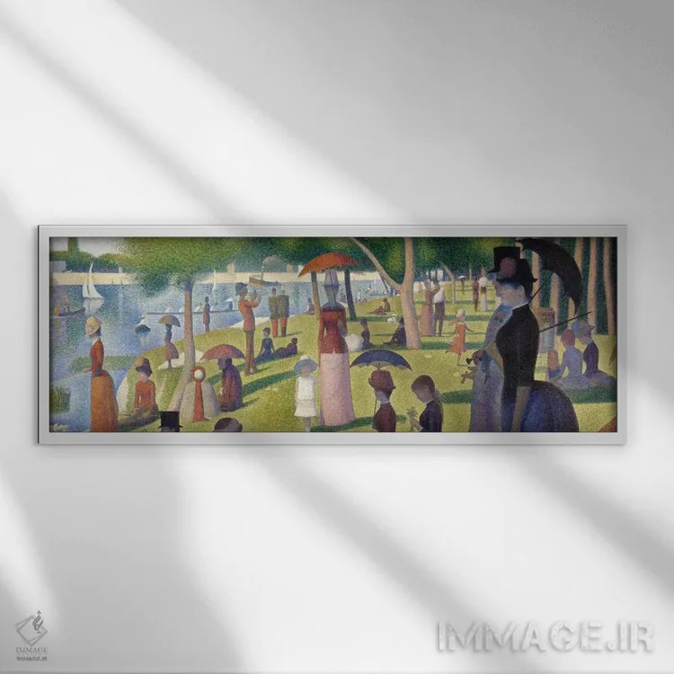 تابلو بعدازظهر یکشنبه در جزیرهٔ لاگرانژات (پانوراما) اثر ژرژ سورا (نقاش نئوامپرسیونیست فرانسوی) - نمای قابدار سفید