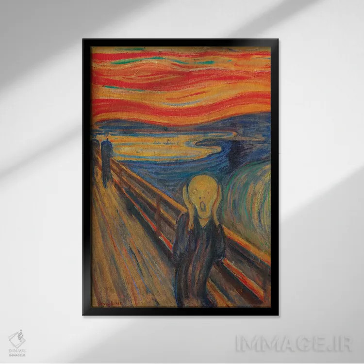 تابلو جیغ (۱۸۹۳، رنگ روغن، تمپرا و پاستل روی مقوا) اثر ادوارد مونک (نقاش نروژی) - نمای قابدار مشکی