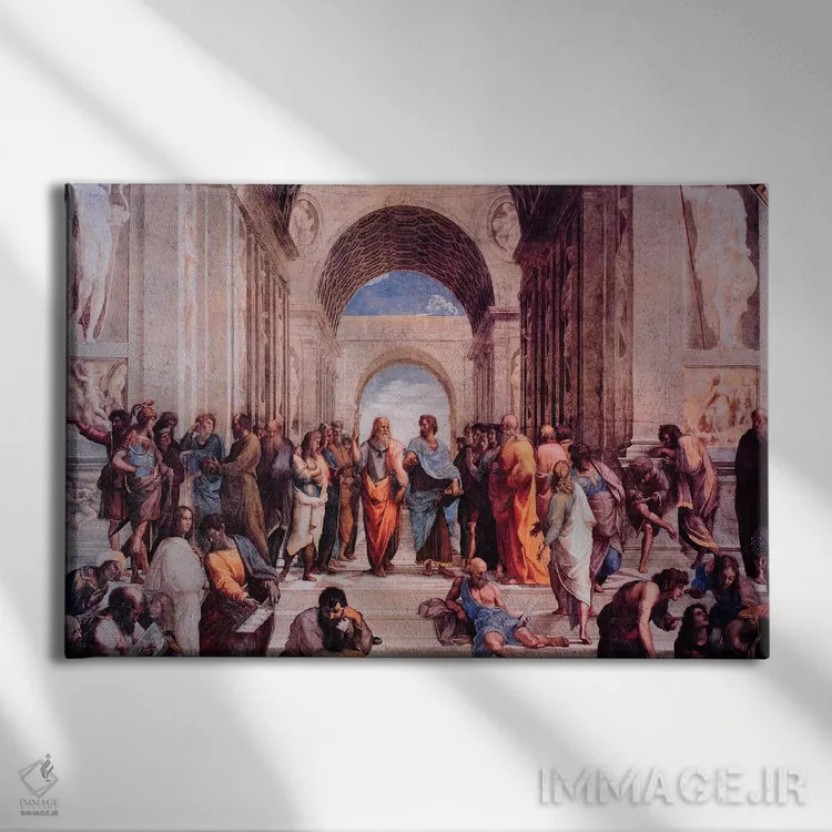 تابلو مدرسهٔ آتن اثر رافائل (نقاش مشهور رنسانس) - نمای روبهرو روی دیوار