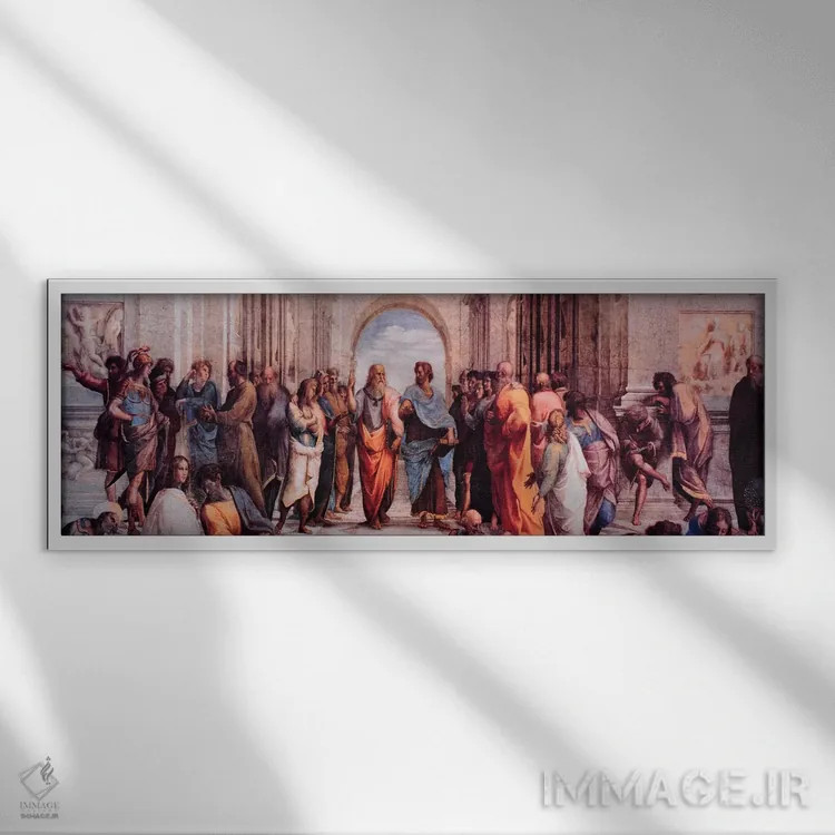 تابلو مدرسهٔ آتن (پانوراما) اثر رافائل (نقاش مشهور رنسانس) - نمای قابدار سفید
