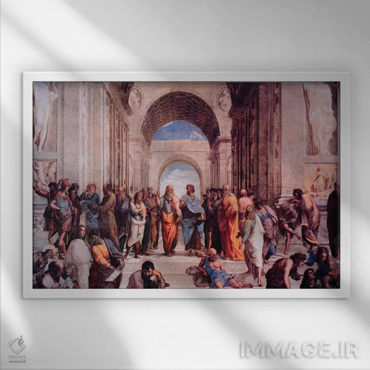 تابلو مدرسهٔ آتن اثر رافائل (نقاش مشهور رنسانس) - نمای قابدار سفید