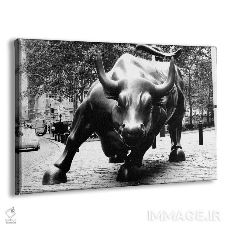 تابلو مجسمه گاو وال استریت (سیاه و سفید) اثر هنرمند ناشناس - نمای پرسپکتیو محصول