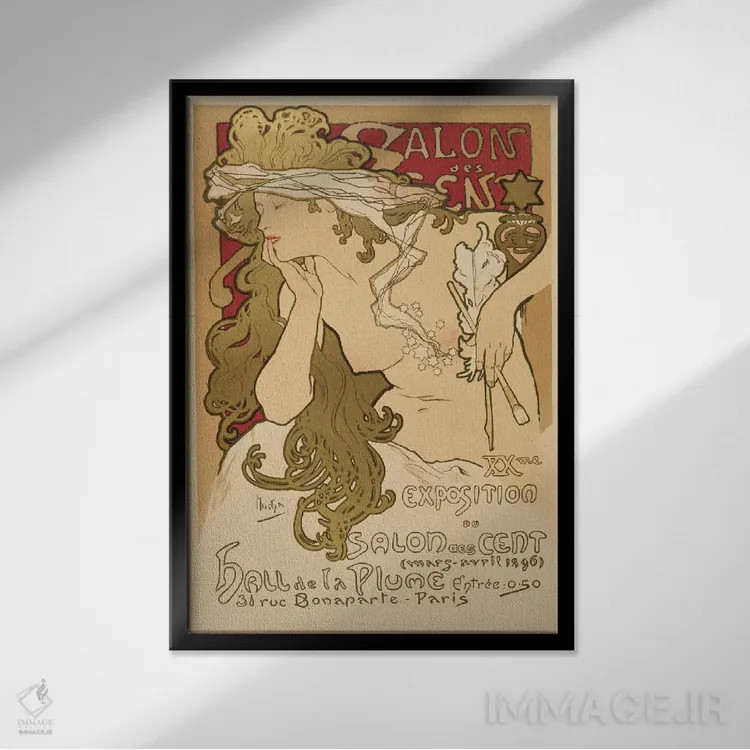 تابلو پوستر قدیمی سالن دس سانت: نمایشگاه بیستم اثر آلفونس موخا (هنرمند آرت نووی چک) - نمای قابدار مشکی