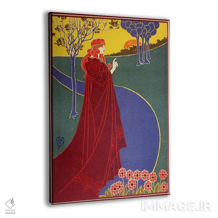 تابلو پوستر قدیمی زن با شنل قرمز در جاده اثر هنرمند ناشناس - نمای پرسپکتیو محصول