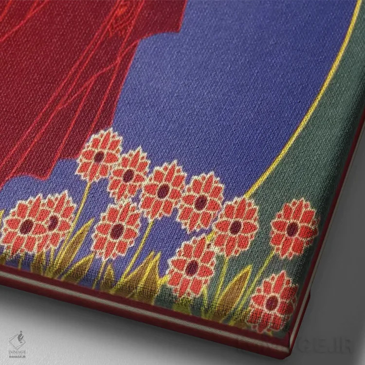 تابلو پوستر قدیمی زن با شنل قرمز در جاده اثر هنرمند ناشناس - نمای نزدیک بافت بوم