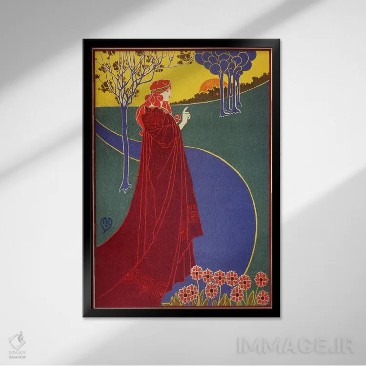 تابلو پوستر قدیمی زن با شنل قرمز در جاده اثر هنرمند ناشناس - نمای قابدار مشکی