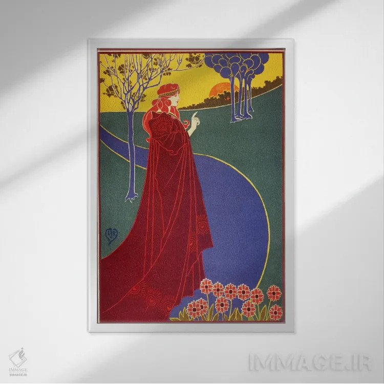 تابلو پوستر قدیمی زن با شنل قرمز در جاده اثر هنرمند ناشناس - نمای قابدار سفید