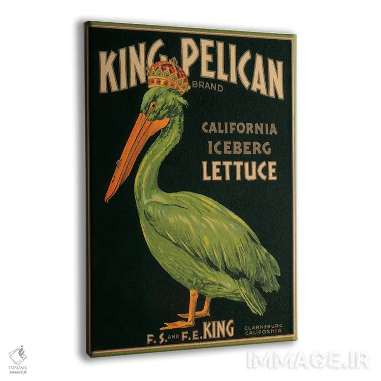 تابلو پوستر قدیمی برچسب کاهوی کالیفرنیا برند شاه پلیکَن اثر هنرمند ناشناس - نمای پرسپکتیو محصول