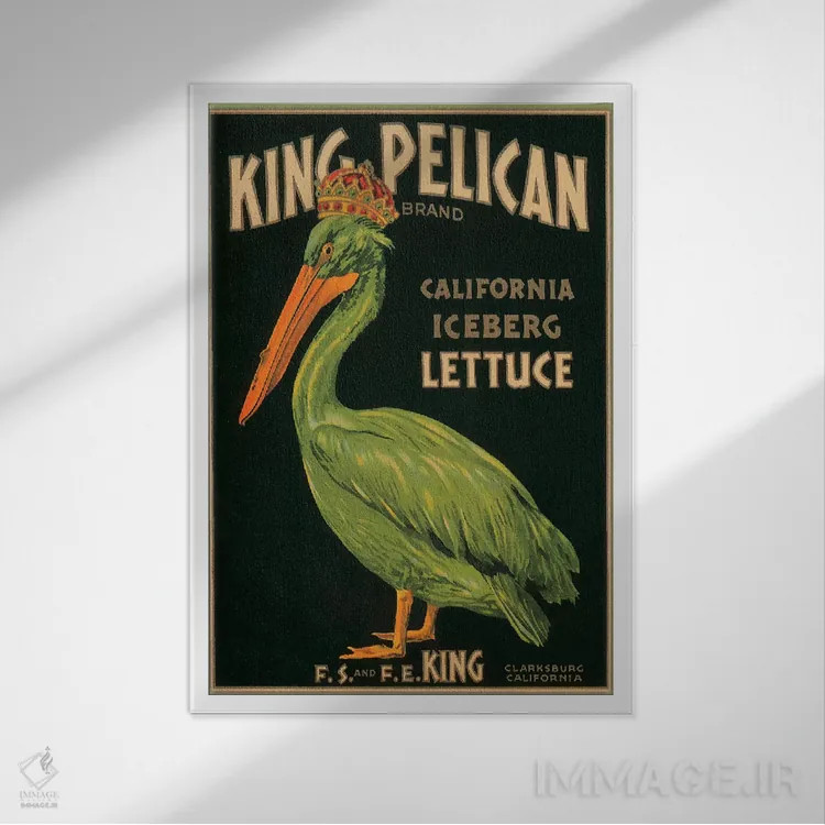 تابلو پوستر قدیمی برچسب کاهوی کالیفرنیا برند شاه پلیکَن اثر هنرمند ناشناس - نمای قابدار سفید