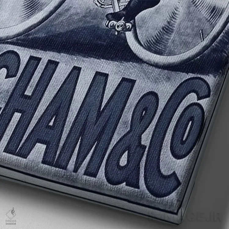 تابلو پوستر تبلیغاتی قدیمی دوچرخه "بینچام و شرکا" اثر هنرمند ناشناس - نمای نزدیک بافت بوم