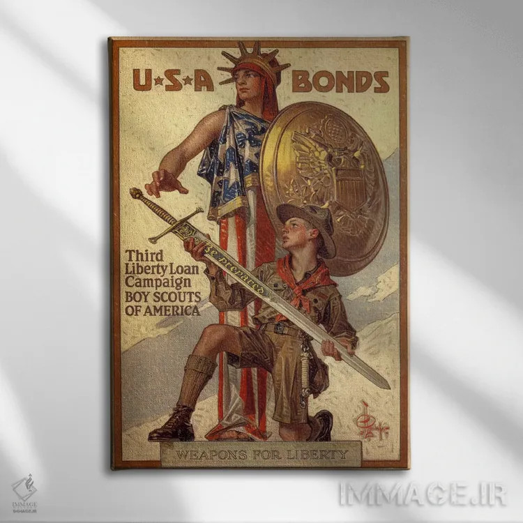 تابلو پوستر تبلیغاتی کمپین سوم وام آزادی (پیشاهنگان پسر آمریکا) اثر هنرمند ناشناس - نمای روبهرو روی دیوار