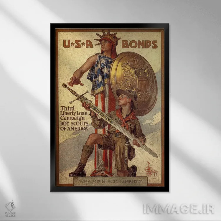 تابلو پوستر تبلیغاتی کمپین سوم وام آزادی (پیشاهنگان پسر آمریکا) اثر هنرمند ناشناس - نمای قابدار مشکی