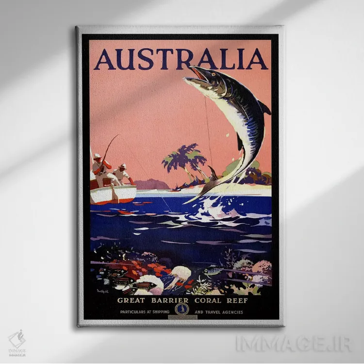 تابلو پوستر تبلیغاتی استرالیا (صخرهٔ بزرگ مرجانی) اثر هنرمند ناشناس - نمای روبهرو روی دیوار