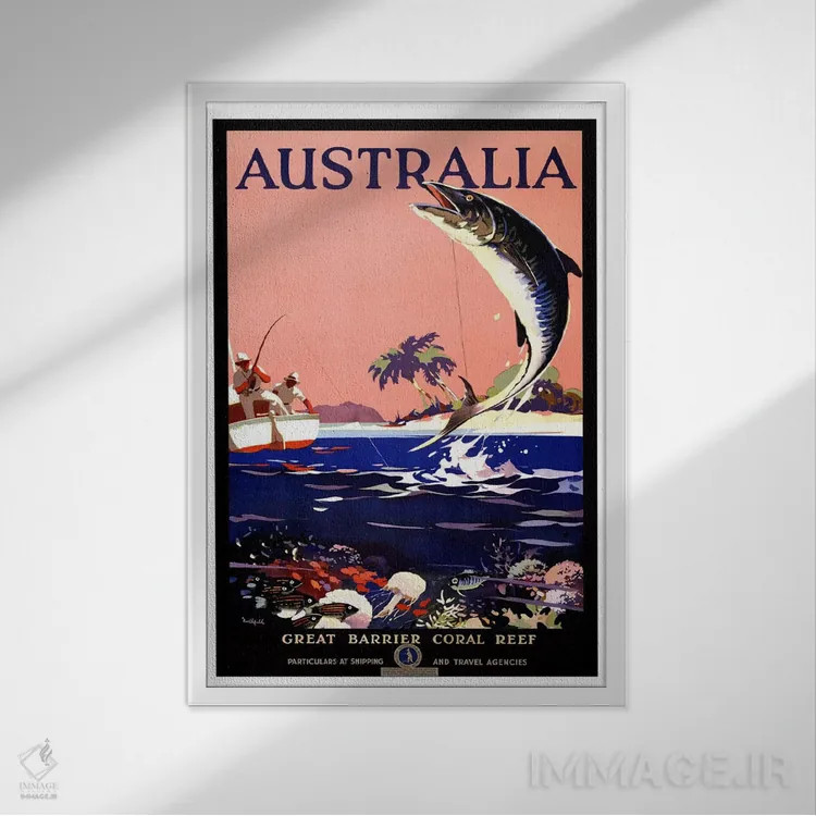 تابلو پوستر تبلیغاتی استرالیا (صخرهٔ بزرگ مرجانی) اثر هنرمند ناشناس - نمای قابدار سفید
