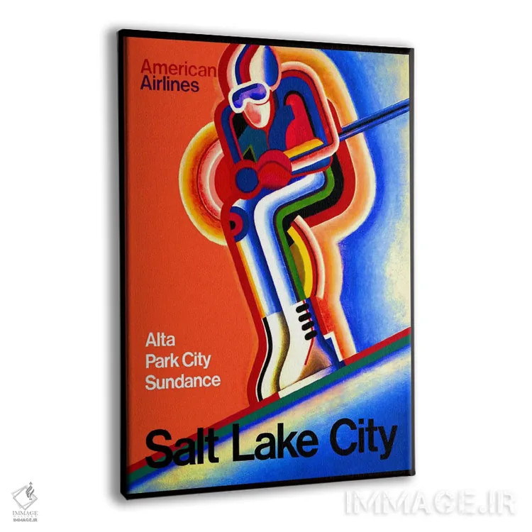تابلو پوستر تبلیغاتی قدیمی هواپیمایی آمریکایی (سالٹ لیک سیتی) اثر هنرمند ناشناس - نمای پرسپکتیو محصول