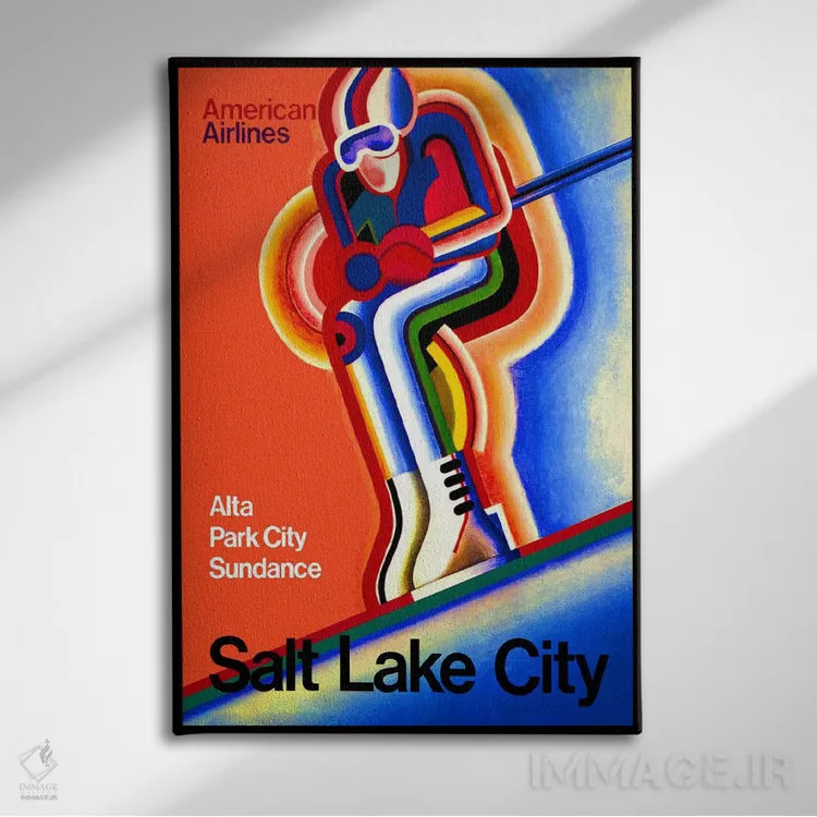 تابلو پوستر تبلیغاتی قدیمی هواپیمایی آمریکایی (سالٹ لیک سیتی) اثر هنرمند ناشناس - نمای روبهرو روی دیوار