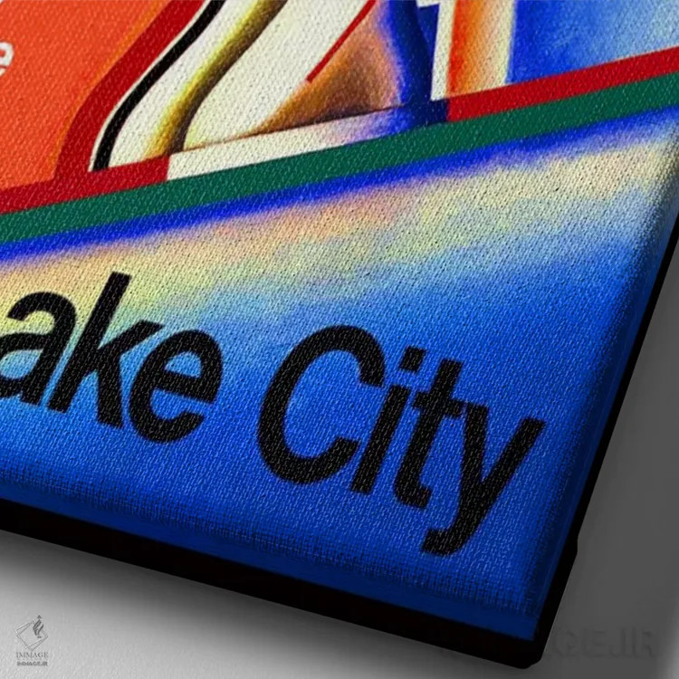 تابلو پوستر تبلیغاتی قدیمی هواپیمایی آمریکایی (سالٹ لیک سیتی) اثر هنرمند ناشناس - نمای نزدیک بافت بوم