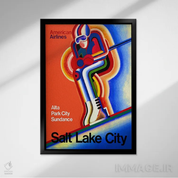 تابلو پوستر تبلیغاتی قدیمی هواپیمایی آمریکایی (سالٹ لیک سیتی) اثر هنرمند ناشناس - نمای قابدار مشکی