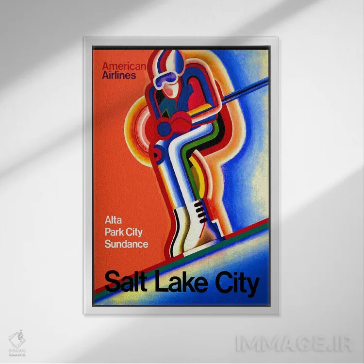 تابلو پوستر تبلیغاتی قدیمی هواپیمایی آمریکایی (سالٹ لیک سیتی) اثر هنرمند ناشناس - نمای قابدار سفید