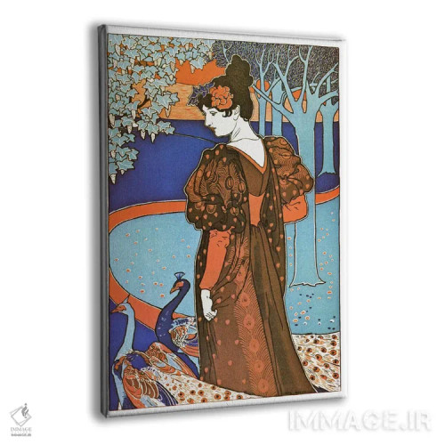 تابلو پوستر تبلیغاتی قدیمی بانو با طاووسها (آرت نوو) اثر هنرمند ناشناس - نمای پرسپکتیو محصول