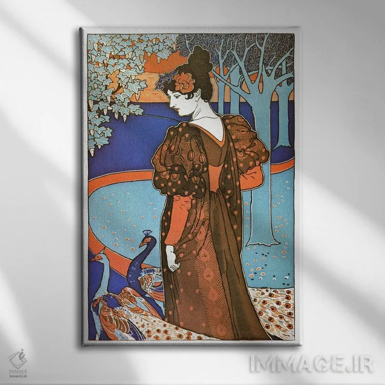 تابلو پوستر تبلیغاتی قدیمی بانو با طاووسها (آرت نوو) اثر هنرمند ناشناس - نمای روبهرو روی دیوار