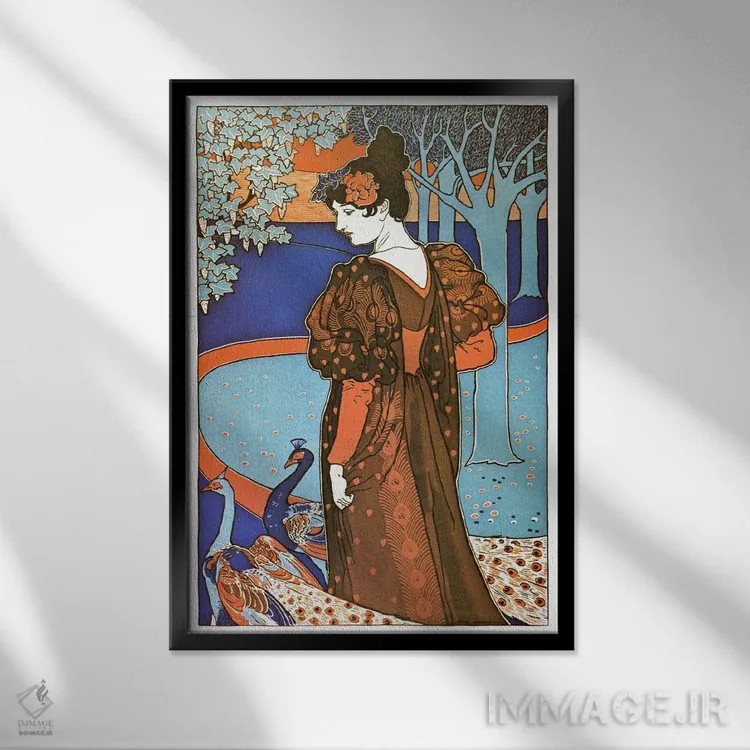 تابلو پوستر تبلیغاتی قدیمی بانو با طاووسها (آرت نوو) اثر هنرمند ناشناس - نمای قابدار مشکی