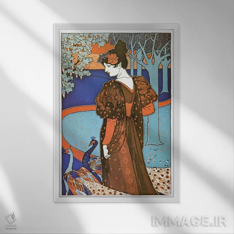 تابلو پوستر تبلیغاتی قدیمی بانو با طاووسها (آرت نوو) اثر هنرمند ناشناس - نمای قابدار سفید