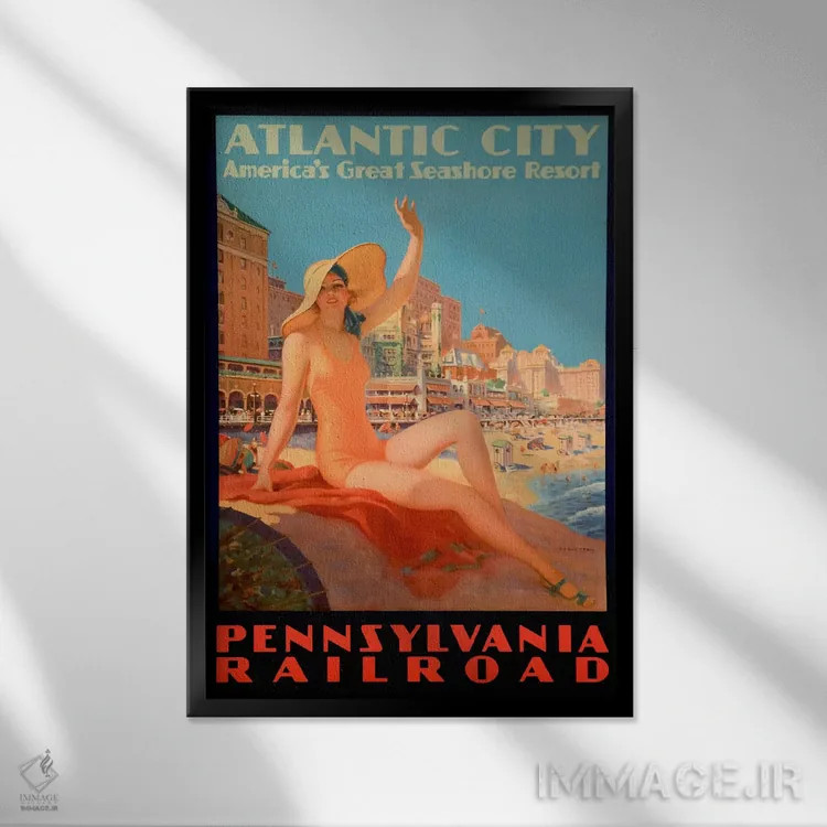 تابلو خط حمام شهری آتلانتیک سیتی (خط راهآهن پنسیلوانیا) اثر کلکسیون اپل وینتج (مجموعه سیب قدیمی) - نمای قابدار مشکی