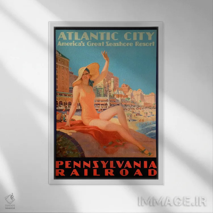 تابلو خط حمام شهری آتلانتیک سیتی (خط راهآهن پنسیلوانیا) اثر کلکسیون اپل وینتج (مجموعه سیب قدیمی) - نمای قابدار سفید