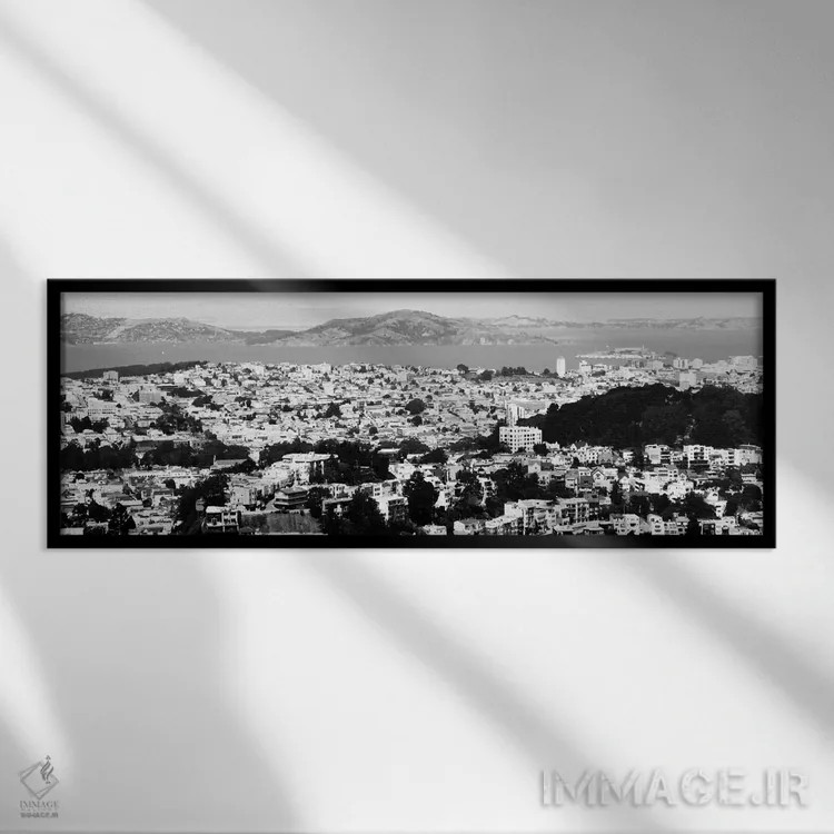 تابلو نمای پانورامای آسماننمای سانفرانسیسکو (سیاه و سفید) اثر هنرمند ناشناس - نمای قابدار مشکی
